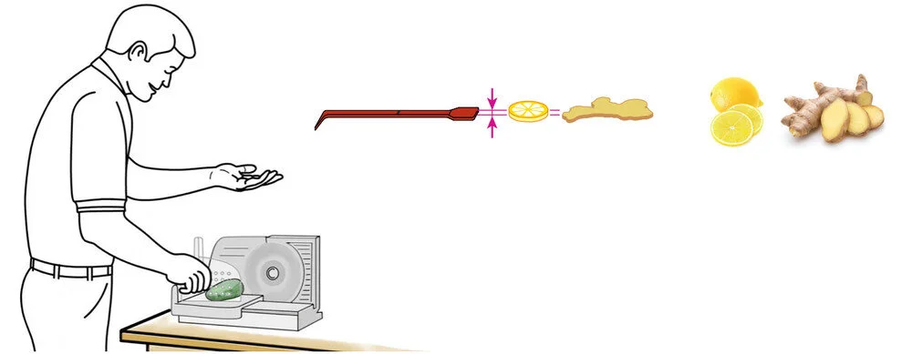USING A SLICER OR MANDOLIN ONLY, cut a test slice and compare it to the CQ Slicer Key/Wand’s handle. Adjust your slicer or mandolin until your slices match the thickness of the CQ Slicer Key/Wand. Once calibrated, slice up all ingredients as necessa…