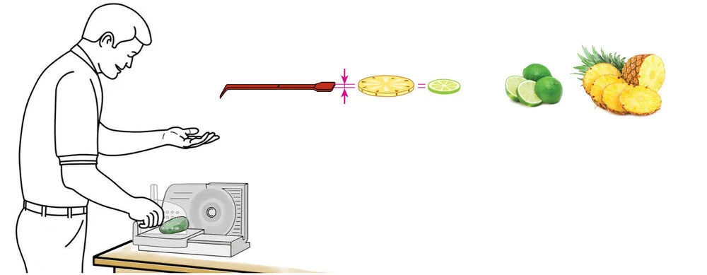 USING A SLICER OR MANDOLIN ONLY, cut a test slice and compare it to the CQ Slicer Key/Wand’s handle. Adjust your slicer or mandolin until your slices match the thickness of the CQ Slicer Key/Wand. Once calibrated, slice up all ingredients as necessa…