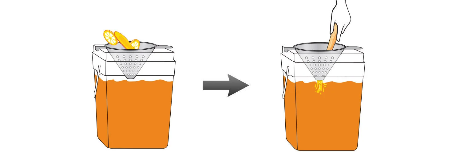 Next, place a metal strainer in the mixing bucket and muddle any remaining slices. This technique will ensure that no pieces end up blocking the spigot later.
