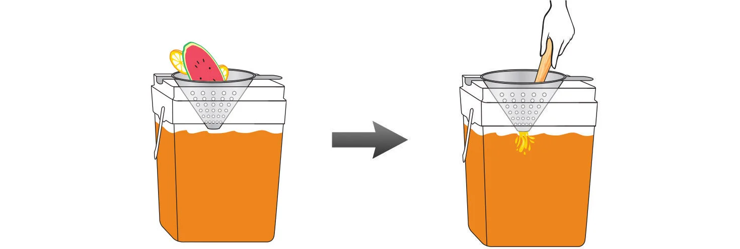 Next, place a metal strainer in the mixing bucket and muddle any remaining slices. This technique will ensure that no pieces end up blocking the spigot later.