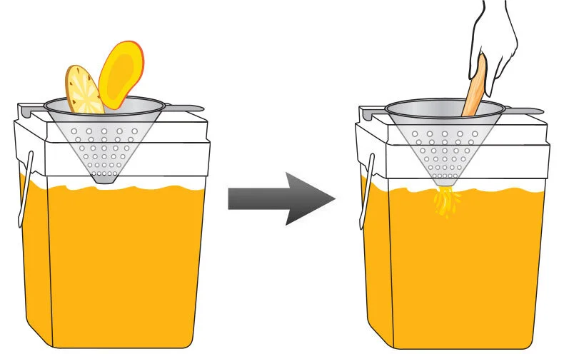 Next, place a metal strainer in the mixing bucket and muddle any remaining slices. This technique will ensure that no pieces end up blocking the spigot later.