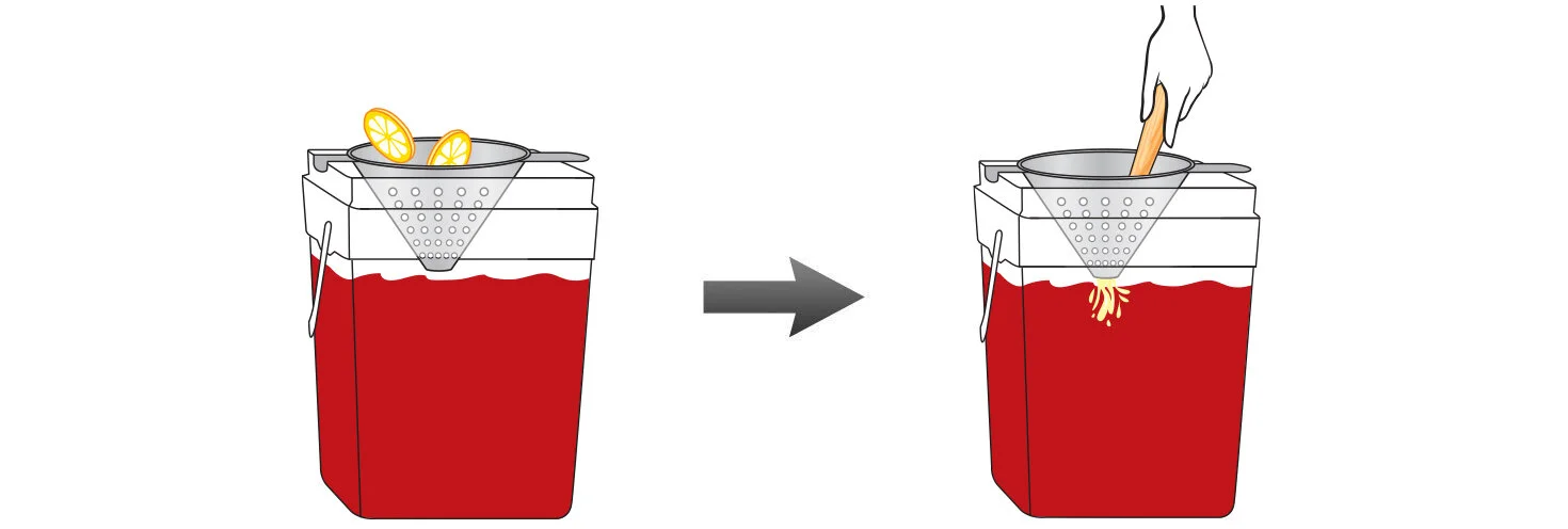 Next, place a metal strainer in the mixing bucket and muddle any remaining slices. This technique will ensure that no pieces end up blocking the spigot later.
