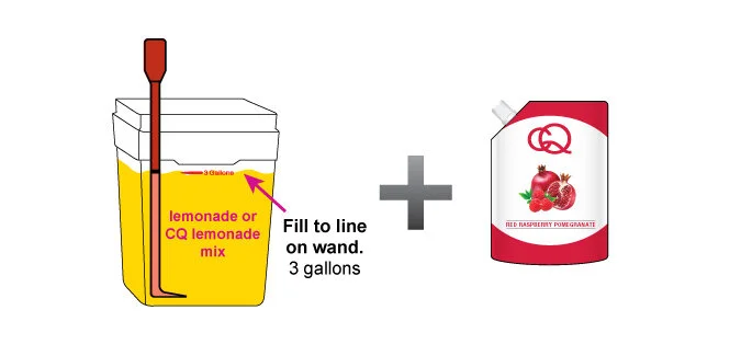 Using the CQ Slicer Key/Wand to measure the water level, fill the CQ Mixing Bucket with 3 gallons of lemonade. Add 1 pouch of CQ Puree and stir.