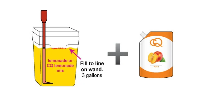 Using the CQ Slicer Key/Wand to measure the water level, fill the CQ Mixing Bucket with 3 gallons of lemonade. Add 1 pouch of CQ Puree and stir.