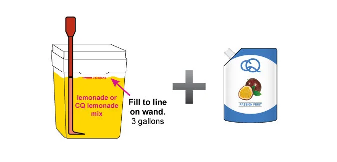 Using the CQ Slicer Key/Wand to measure the water level, fill the CQ Mixing Bucket with 3 gallons of lemonade. Add 1 pouch of CQ Puree and stir.