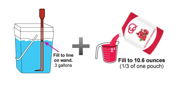 Using the CQ Slicer Key/Wand to measure the water level, fill the CQ Mixing Bucket with 3 gallons of cold, filtered water. Add 1/3 pouch of CQ Puree and stir.