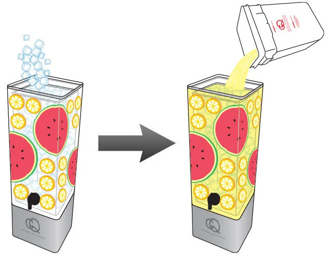 Fill the beverage container to the top with ice cubes (about 10 lbs.) and add the CQ Infused Water. To refresh, add equal amounts of ice &amp; CQ Infused Water.