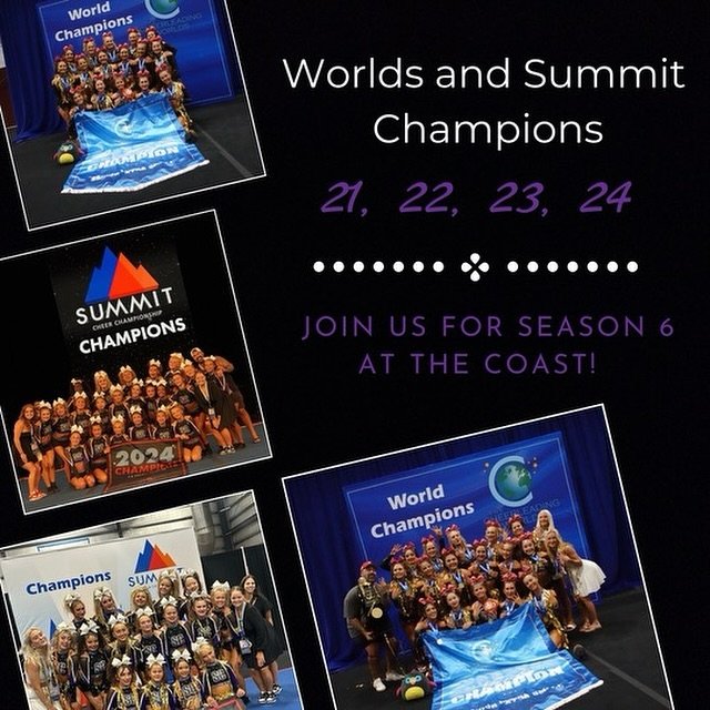 Did you know we are the only program in Orange County to win both The Summit and Worlds 4 years in a row?! #TheWorkIsWorthIt 💪 Hope to see you all at tryouts for Season 6, there&rsquo;s still time to enroll! 💜🖤 #SouthCoastCheer #CFIO #EveryoneGets