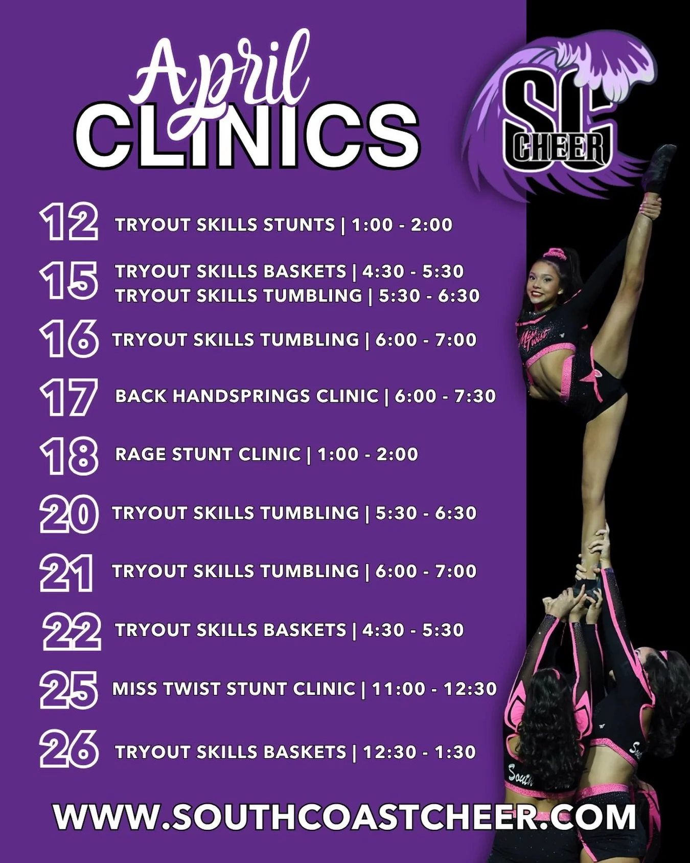 April is all about clinics at The Coast, and we have something for everyone! Sign up today through our parent portal to reserve your spot. With tryouts right around the corner, we&rsquo;re here to help you feel confident and prepared! 🖤💜