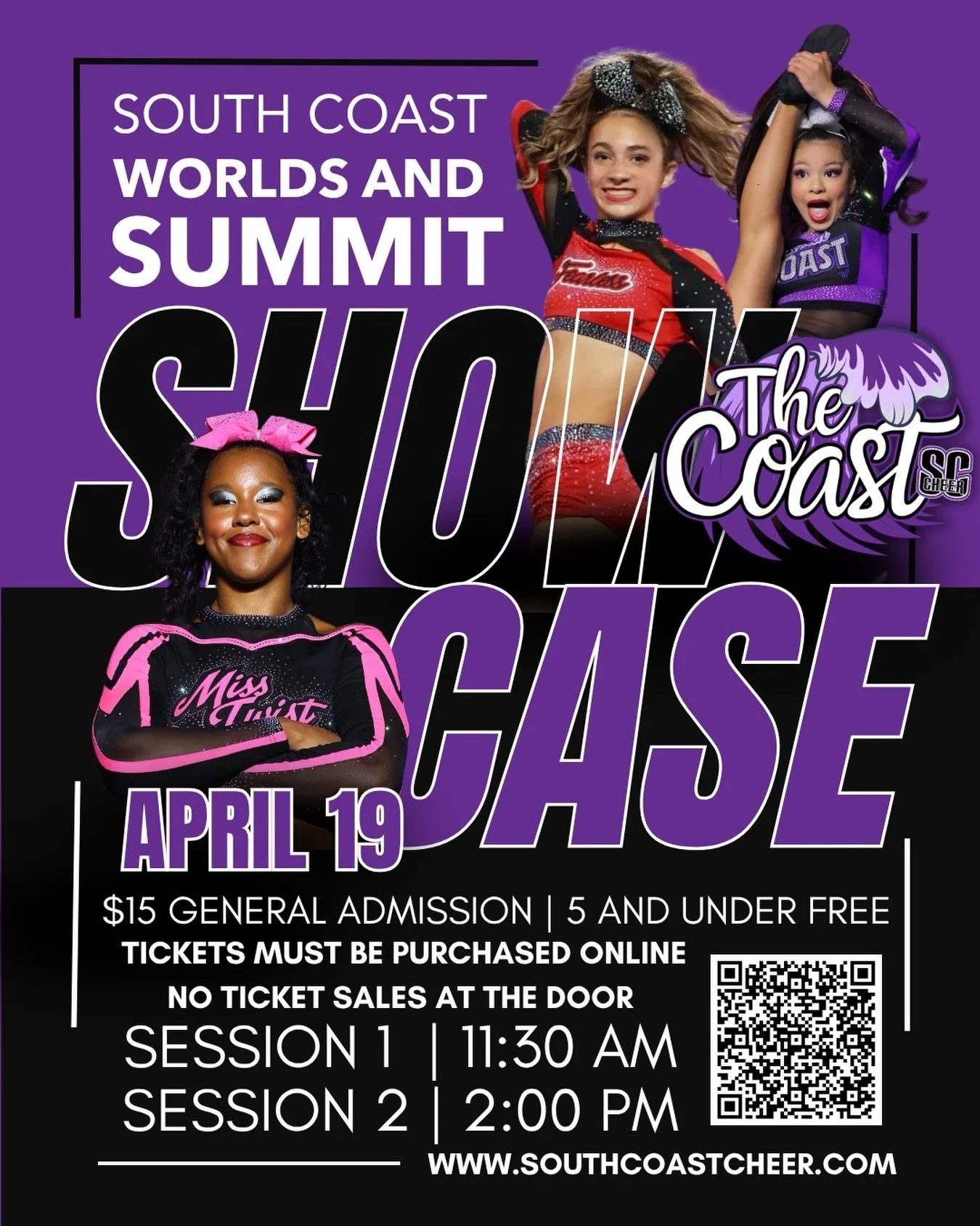 Join us at The Coast for our Worlds and Summit Showcase! 💜🖤 All tickets must be purchased through our parent portal or by scanning the QR code. Wristbands will be available for pickup at the front desk starting April 13. Tickets will not be sold at