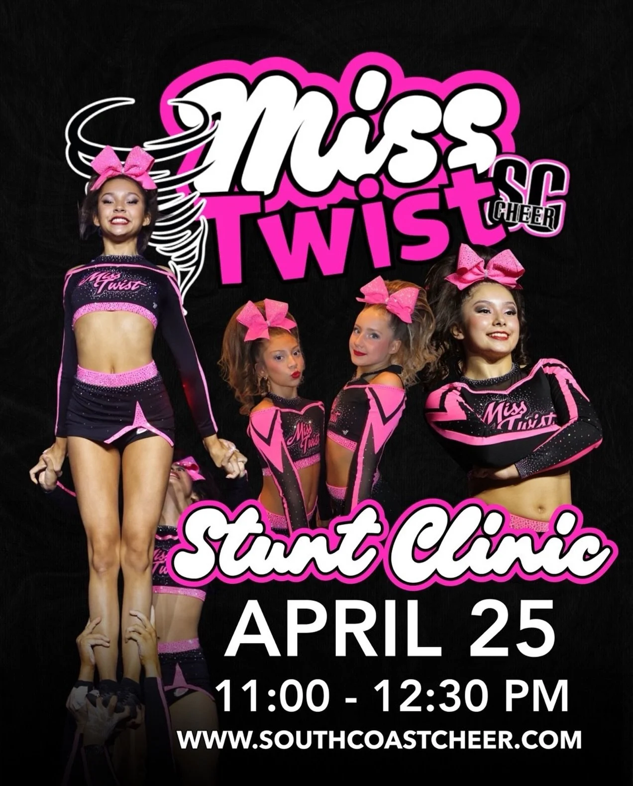 We know you love them, so come be a Twistie for a day! Our last clinic was a blast, and we can&rsquo;t wait to see you at the end of this month for another amazing clinic. Open to all ages, levels, and stunt positions. Thinking about trying out for M