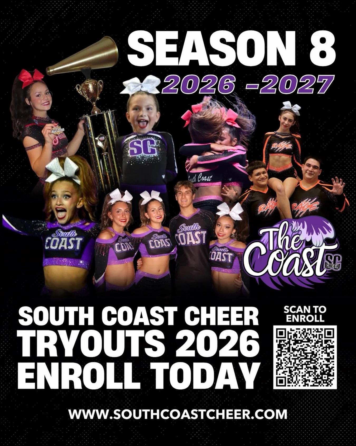 Get ready yall &hellip; season 8 tryout enrollments are LIVE in the parent portal! Have any questions before you enroll? Send an email to our All-Star Director at shani@southcoastcheer.com and we&rsquo;re happy to help! 🎱💜