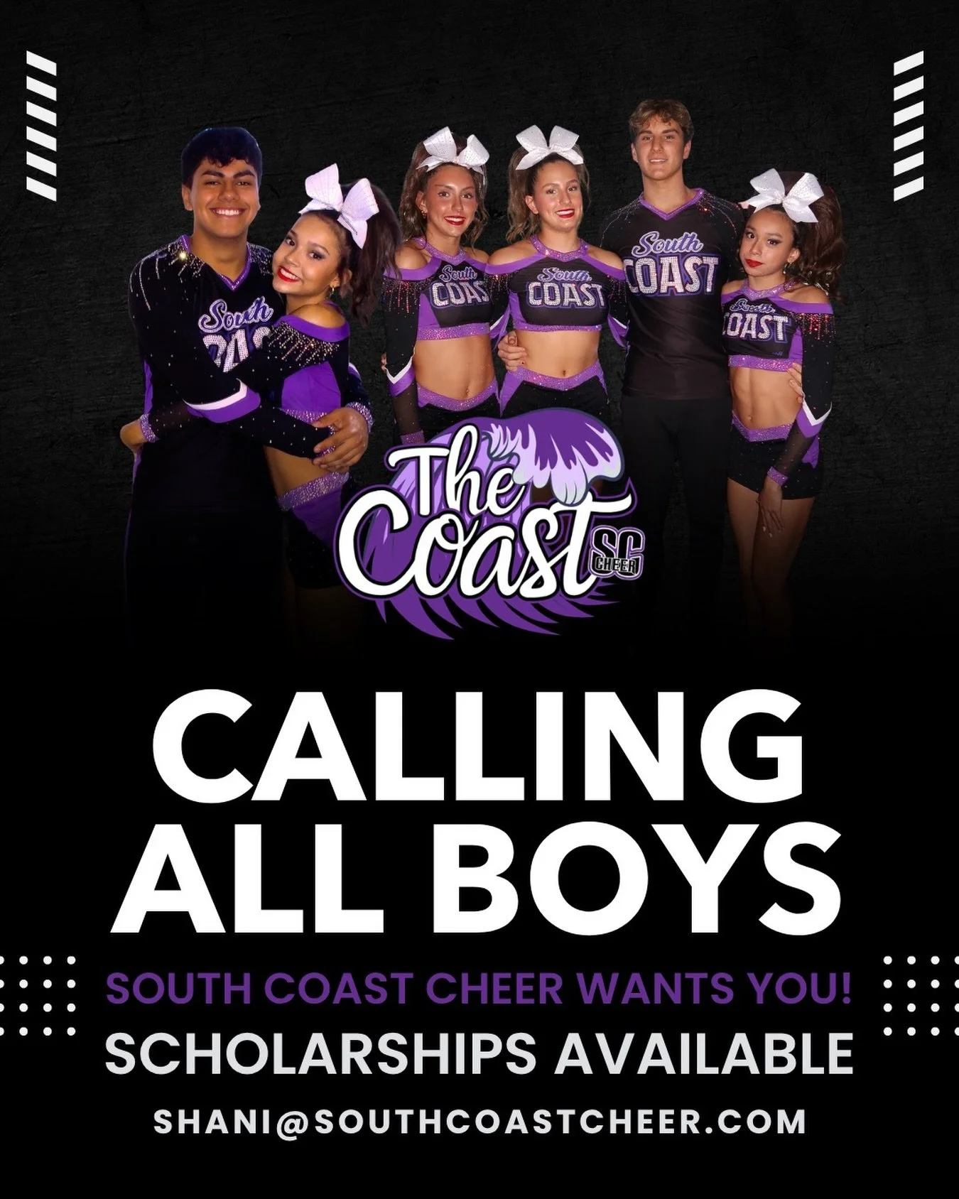 Calling all boys ‼️ South Coast Cheer wants YOU! Email us to find out more about our scholarships for the 2026-2027 season 🖤