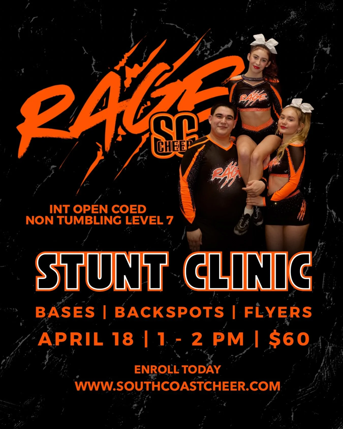 Come stunt with RAGE tomorrow! This clinic is open to all ages, levels and stunt positions. Enroll today to secure your spot! 🧡