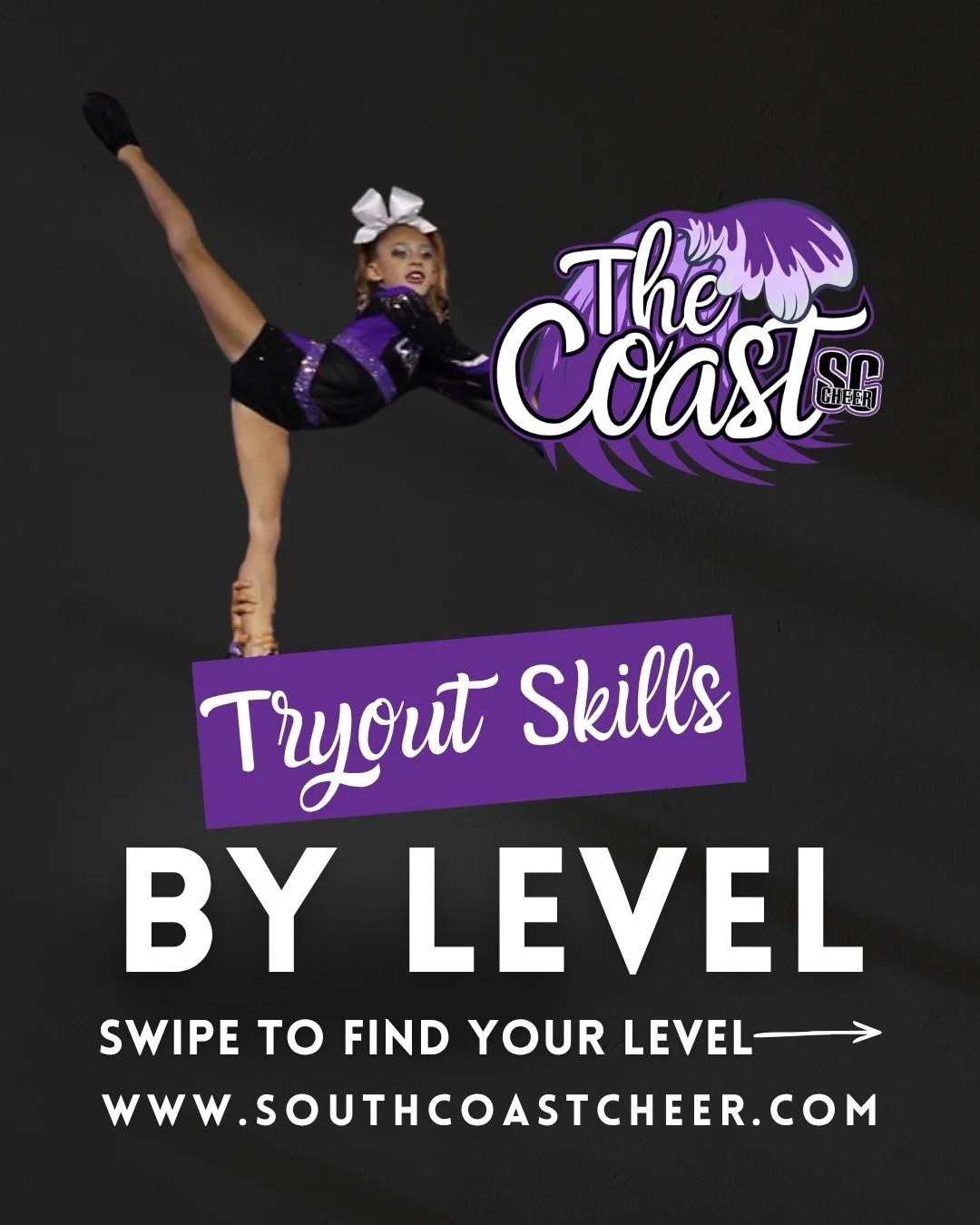 Who&rsquo;s looking forward to season 8 at The Coast? Swipe to see our tryout stunt and tumble skills by level. Don&rsquo;t forget to enroll in tryouts online today! 💜🖤