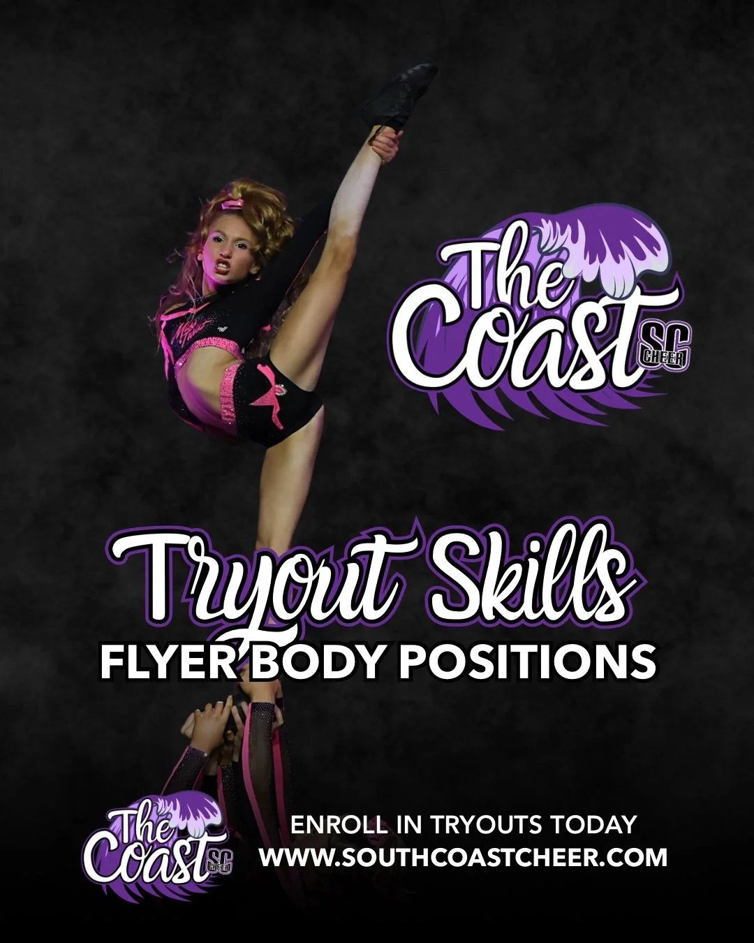 We love strong, technical, and flexible flyers at The Coast! If you&rsquo;re being evaluated to be a flyer, these images can help you see what we&rsquo;re looking for in terms of flexibility and body position technique. Don&rsquo;t forget to enroll i