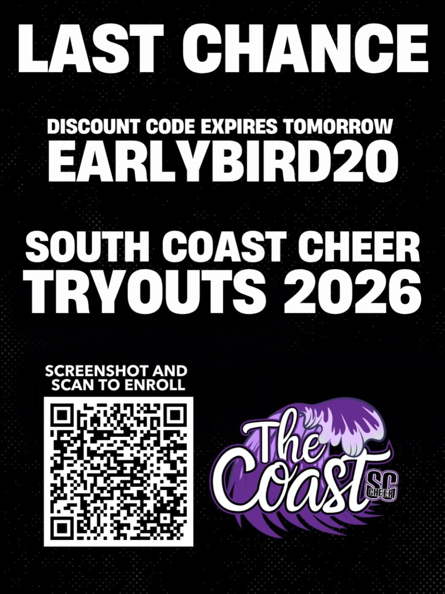 LAST CHANCE TO GET $20 OFF OUR ELITE TRYOUTS! This promo code ends tomorrow, get your $20 off now. Use the QR code to access our tryout enrollments. Join us for Season 🎱, it will be the best one YET! 💜🖤 #SouthCoastCheer #CFIO #Season8 #WelcomeToTh