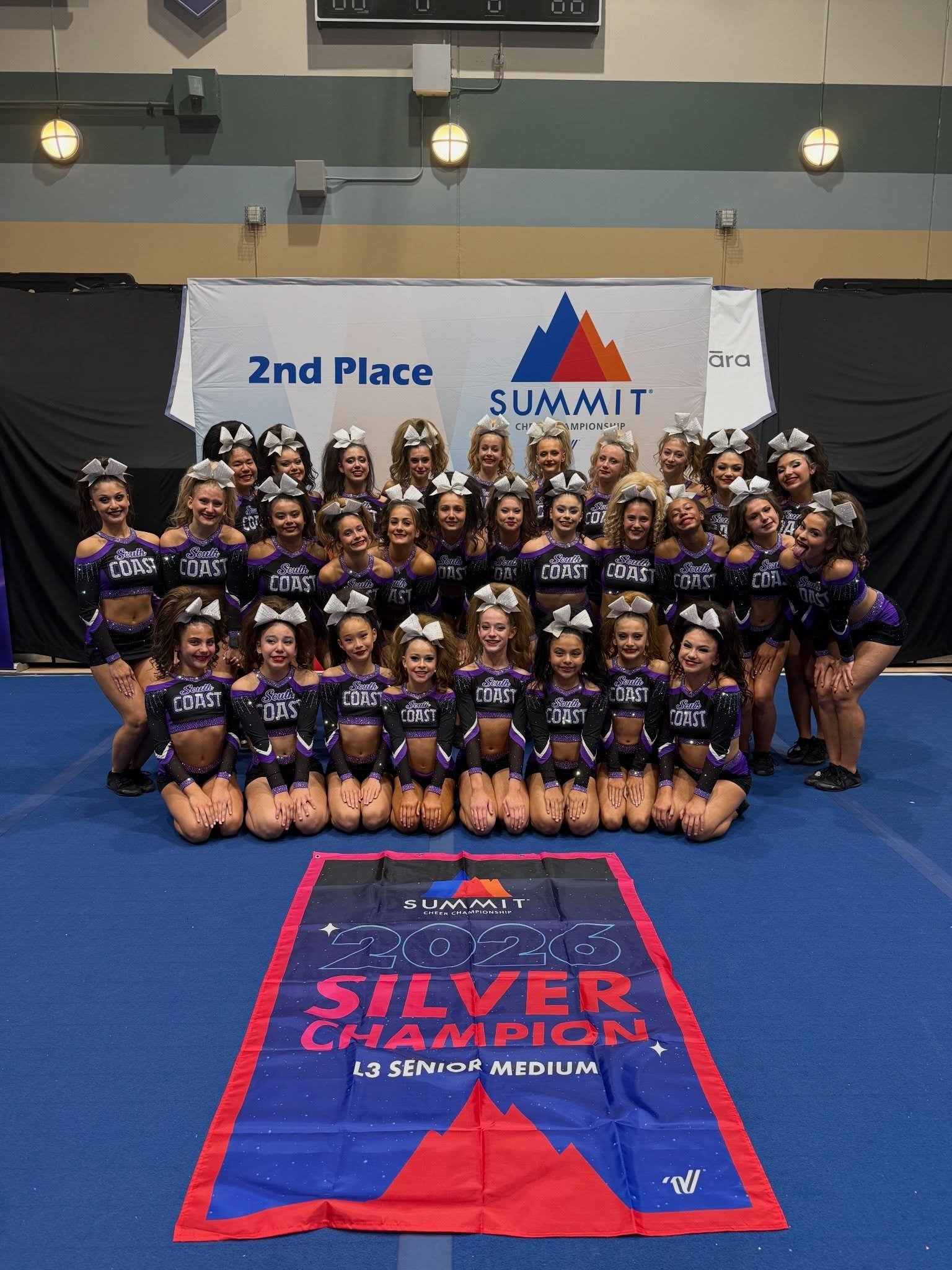 Our Scarlet Queens are leaving Summit with the Silver, 3rd highest score of the entire event with a 99.33 and 2 zero deduction routines. We are so proud of these 30 girls 👑 #SouthCoastCheer #Scarlet