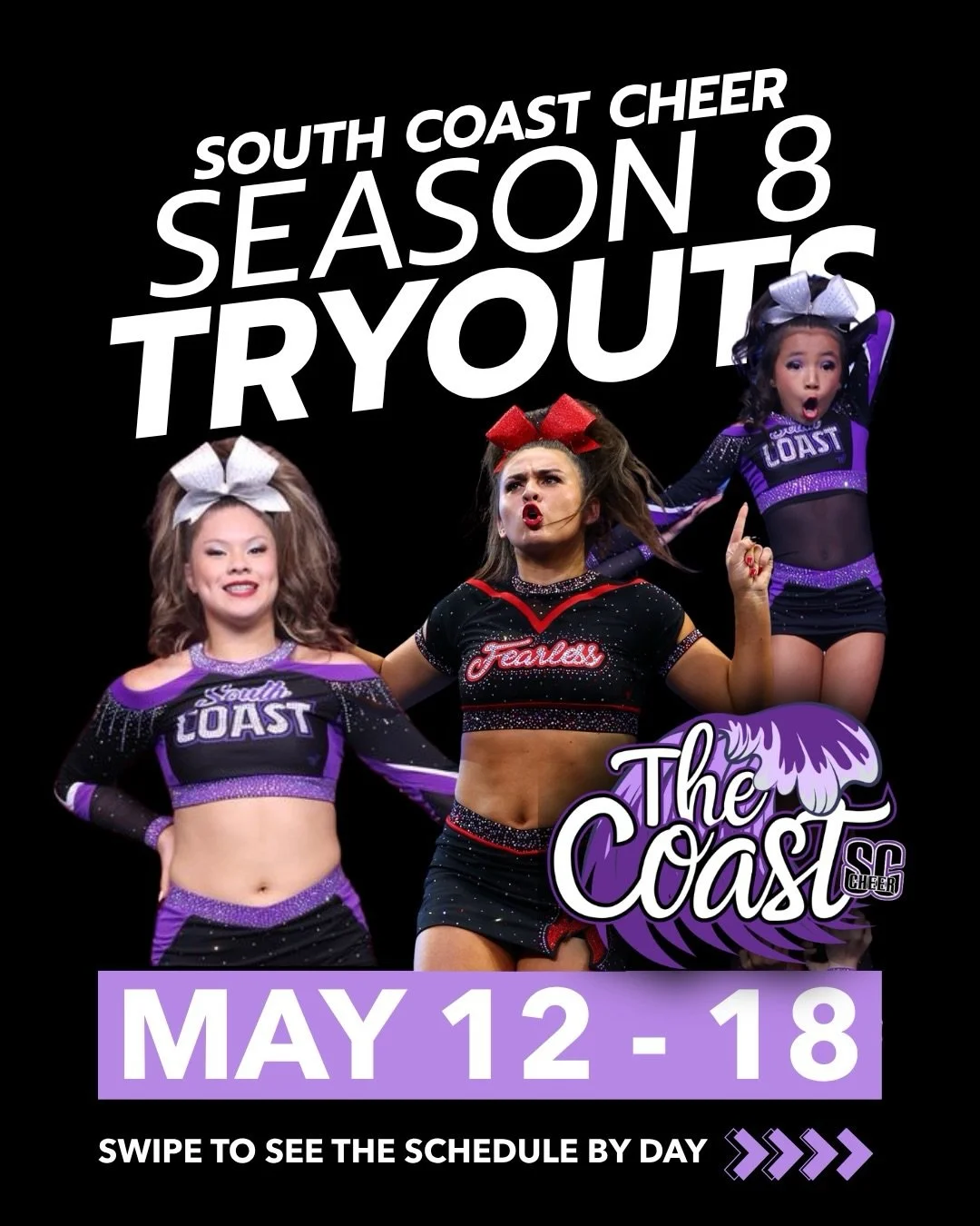 Are YOU ready for tryouts? Swipe to see our schedule by day before you show up next week. We can&rsquo;t wait to see you there 🤩💜