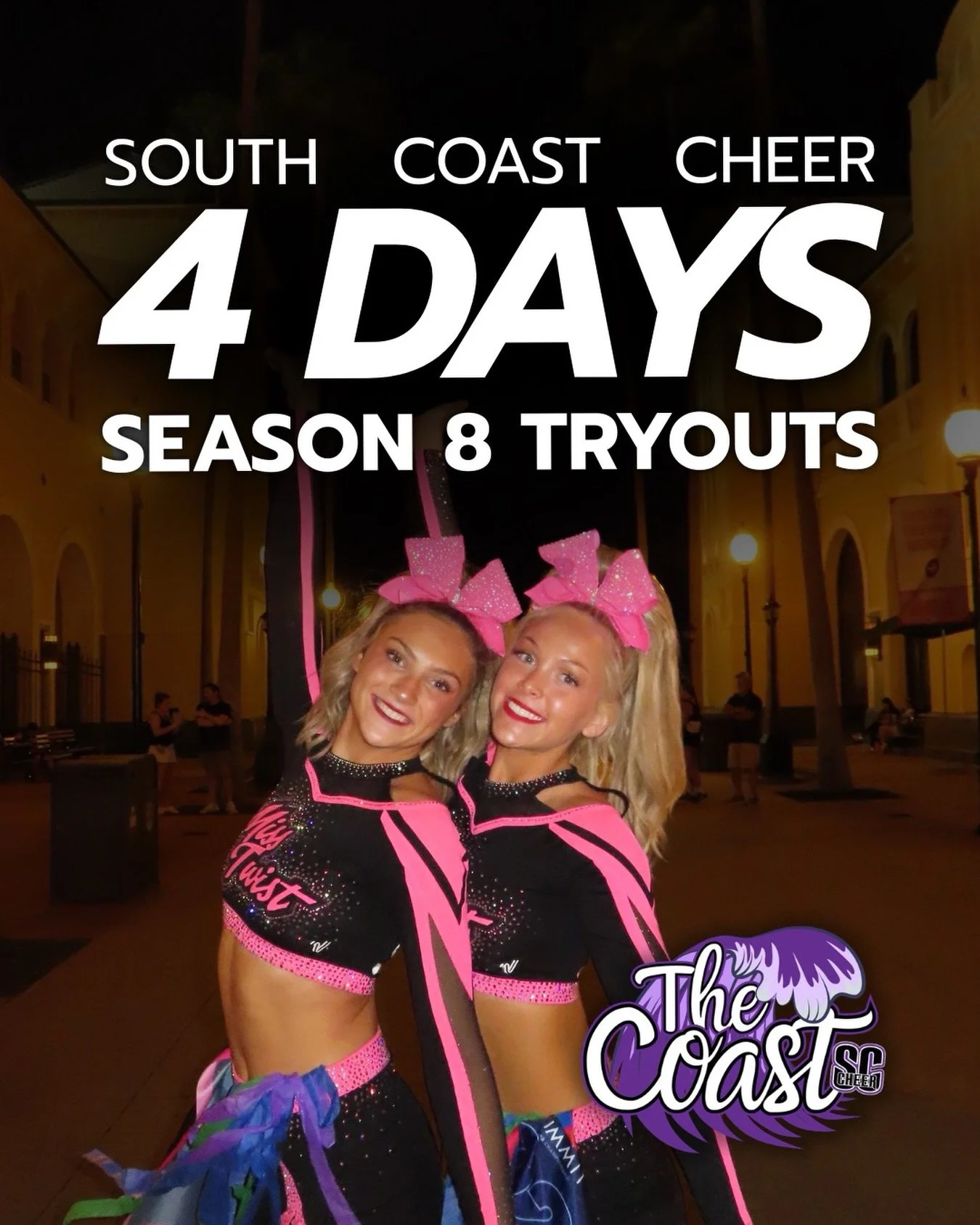 There&rsquo;s only 4 DAYS until our Season 8 tryouts and we can&rsquo;t wait! 🎱💜 Still need to enroll? Visit our parent portal to get enrolled in our tryouts. Have questions? Email our All-Star Director Shani at shani@southcoastcheer.com.