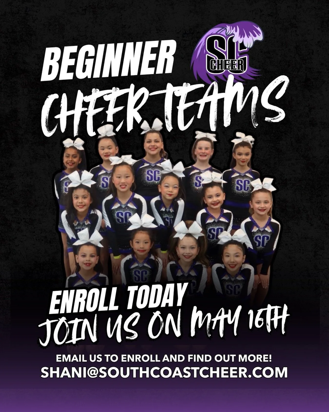 Start your cheer journey at The Coast! This is perfect for athletes with little to no cheer experience, and are looking for a lower commitment team option. Email us today to find out more and get enrolled! 💜🖤
