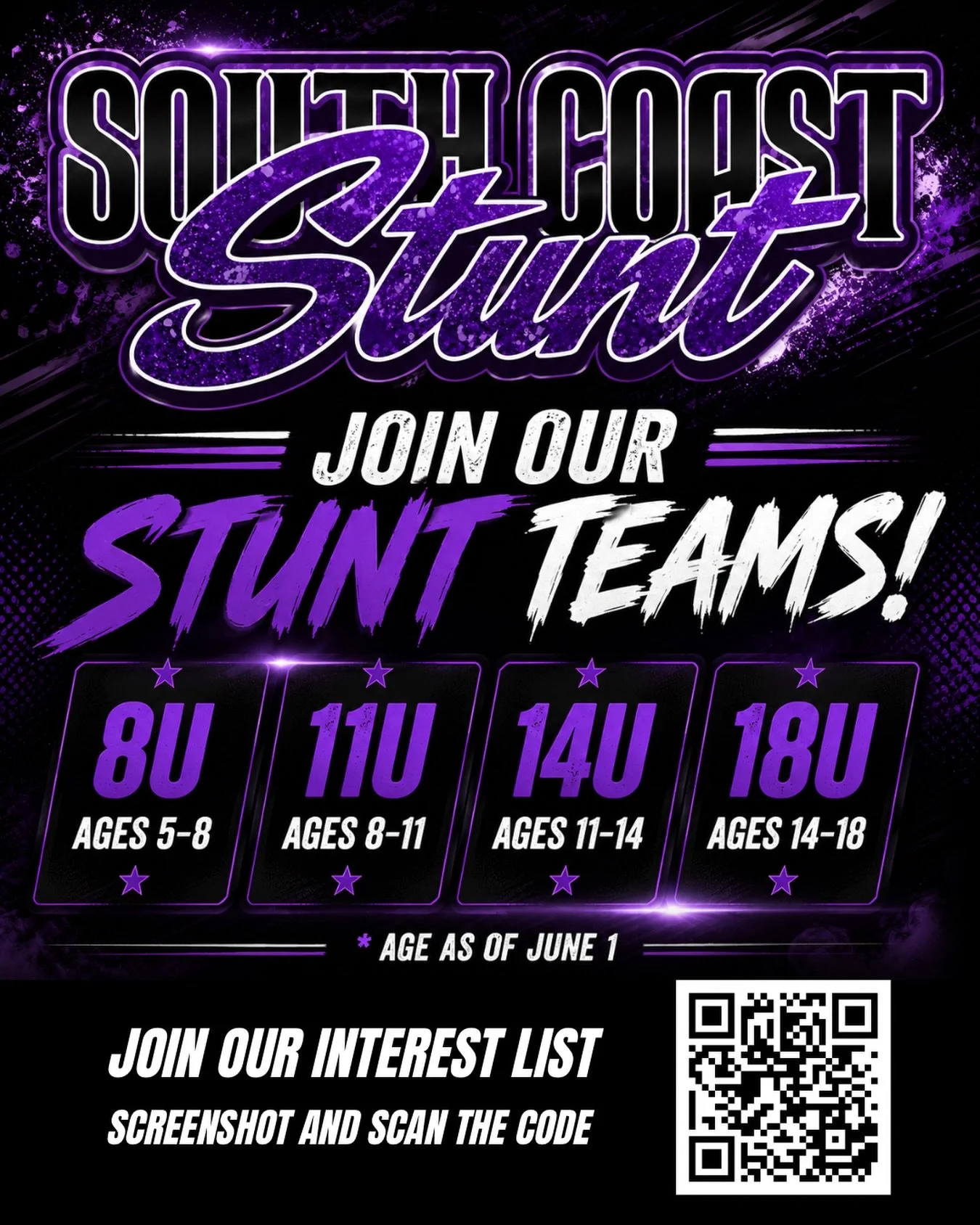 Are you also interested in joining one of the fastest growing sports in our area? Join our interest list to not miss any information about our new club stunt teams forming! 💜🖤