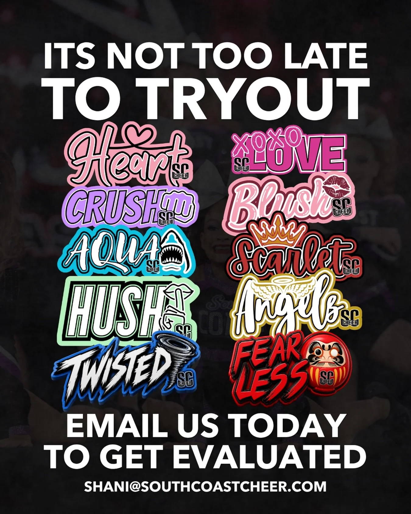 It&rsquo;s not too late to tryout for our elite teams! Email shani@southcoastcheer.com to schedule your eval and find out more 💜🎱