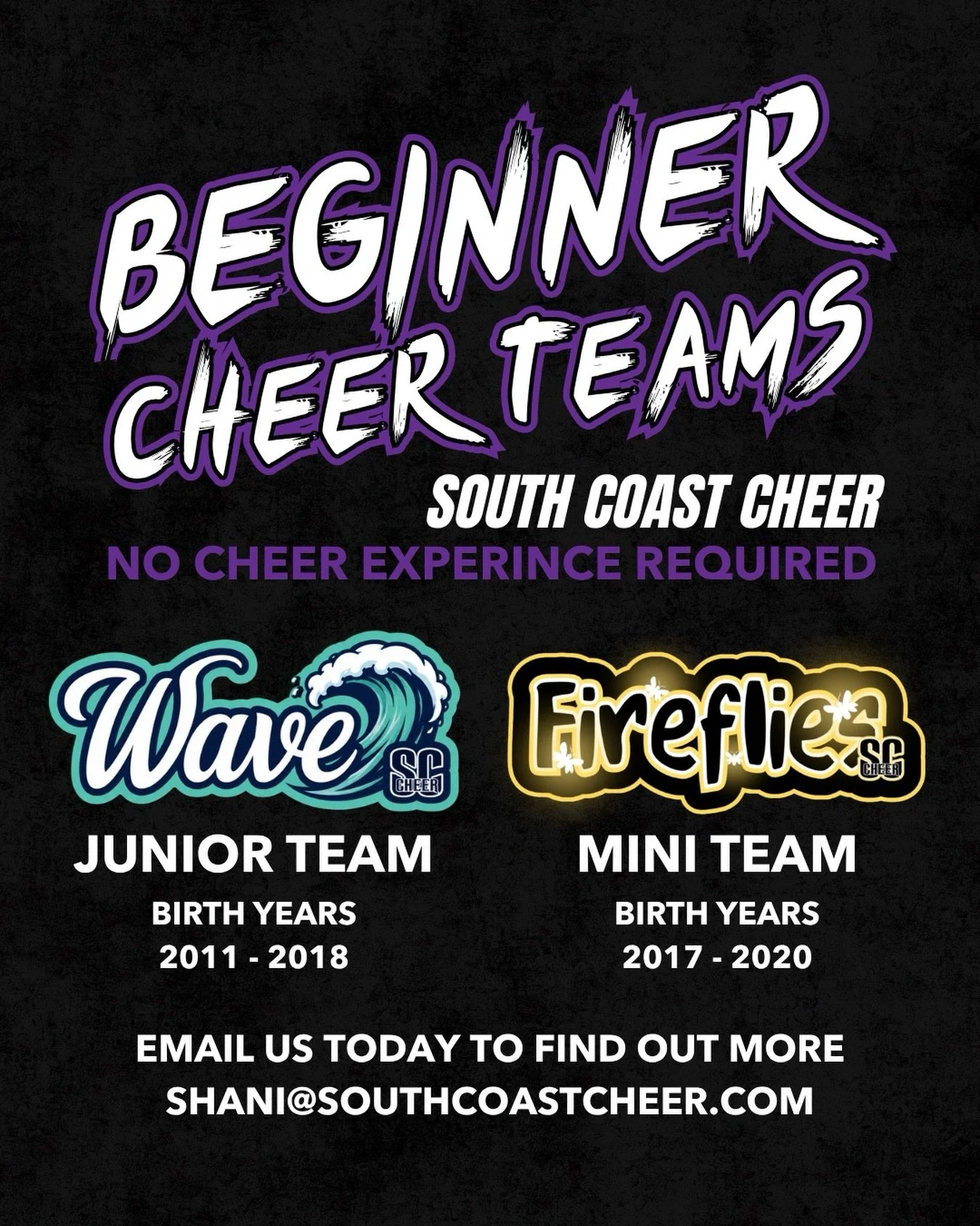 We have teams for everyone at The Coast! These teams are perfect for athletes that are looking for a lower commitment option, or don&rsquo;t have any previous cheer experience. Email us today to find out more and join our teams! 💜🎱