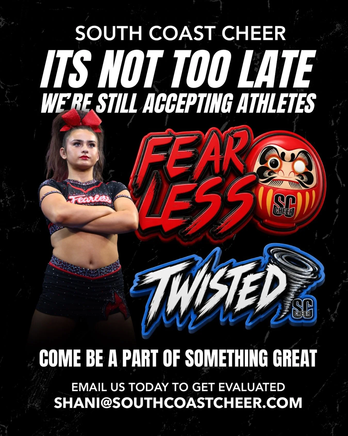 Every team is strong at South Coast Cheer and we want YOU! Email us today to get evaluated for one of these incredible teams. Season 8 is starting off great! 🎱💜