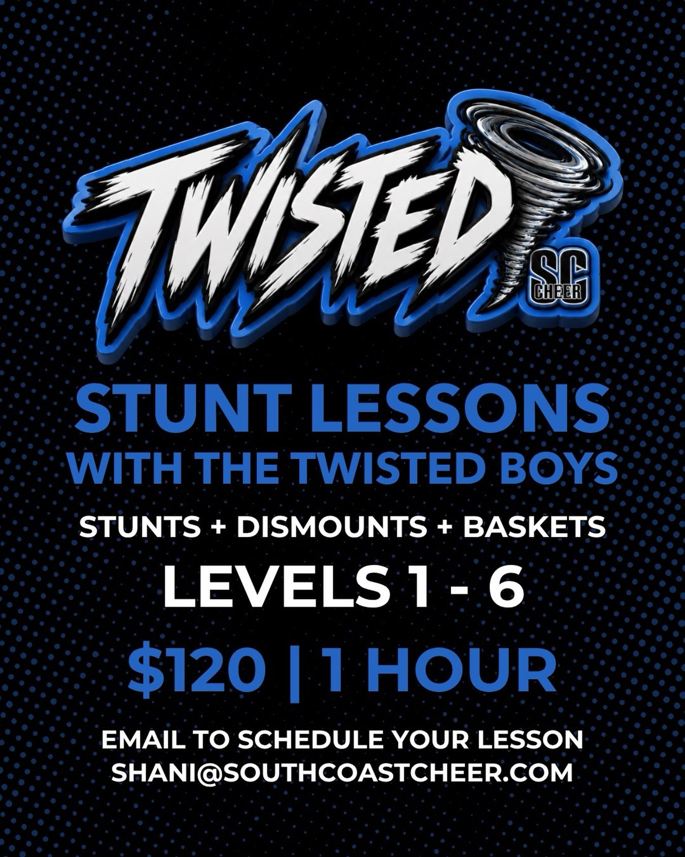 Come stunt with the Twisted boys! Flyers of all levels can schedule their lesson by emailing us. We&rsquo;d love to help you work on your stunts, baskets, and dismounts to get them routine ready. 💙🌪️
