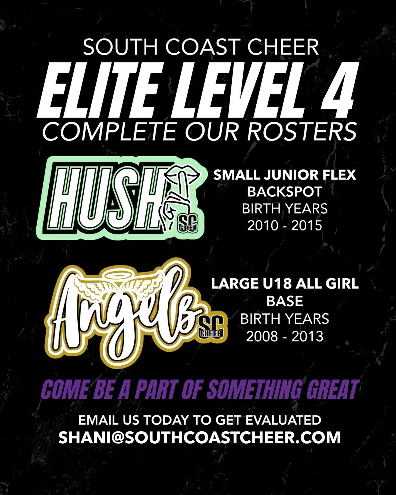 Calling elite level 4 athletes ‼️Angels and Hush want you to complete their rosters! Email us today if you think you would be a good fit for one of these teams 💜🎱