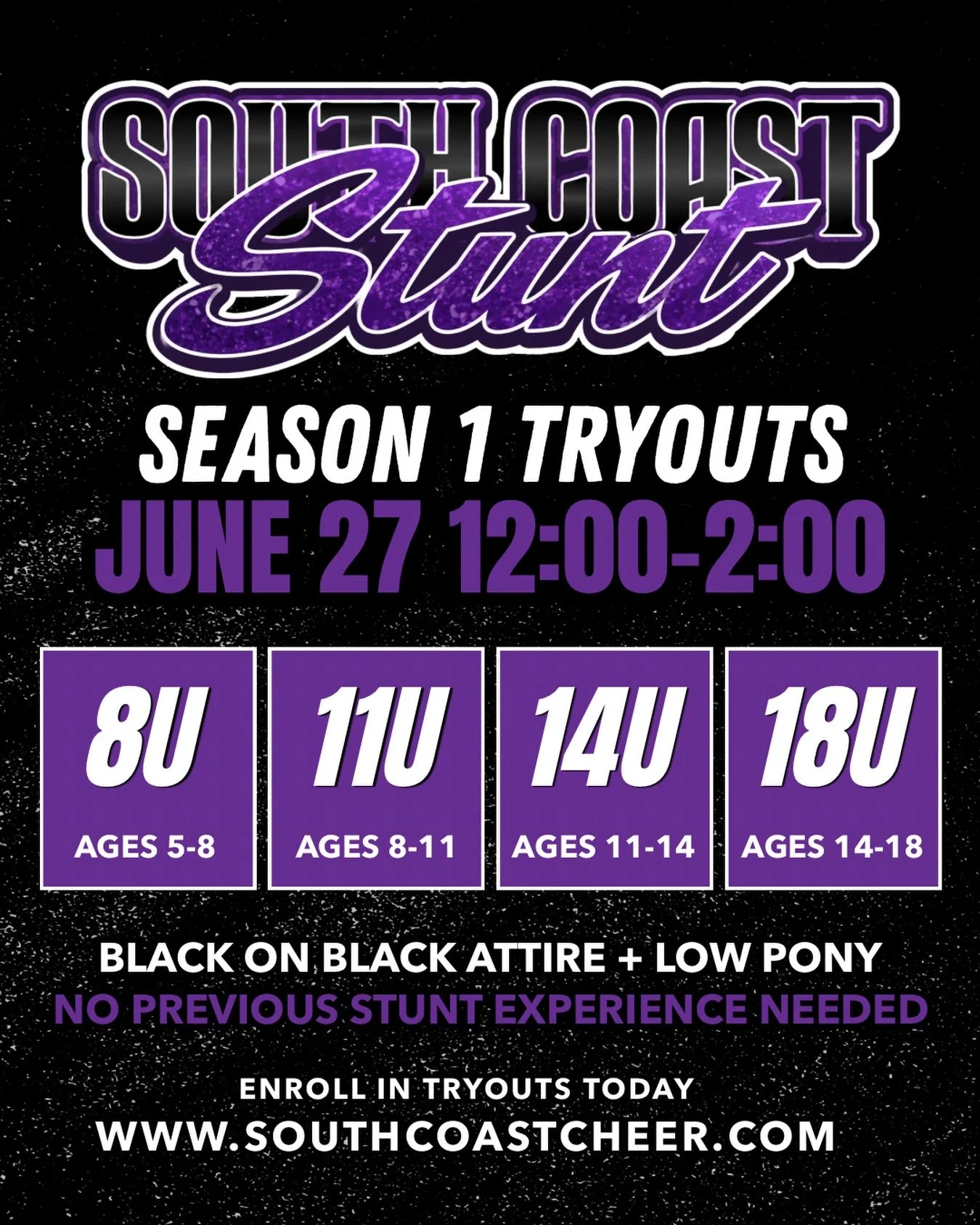 You asked and we listened. We are so excited to announce season 1 of South Coast Stunt! Join us at the gym for tryouts on June 27th. Have questions? Email us at reagan@southcoastcheer.com and we&rsquo;d love to help you out. 💜 #stuntthesport #stuntt