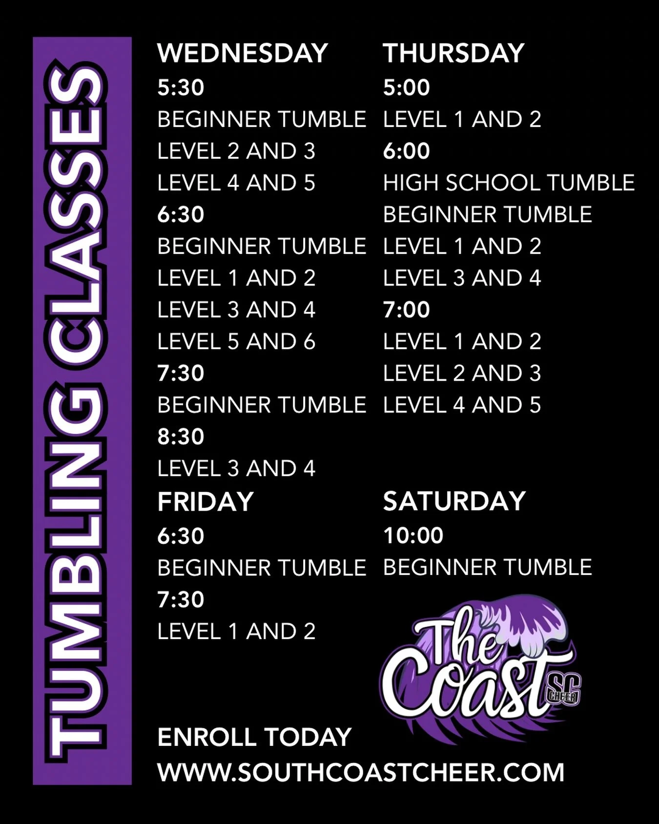 Come tumble with us at The Coast! Our new schedule is live in the parent portal and we have a class for everyone&rsquo;s skill level. Enroll today to secure your spot 💜🖤