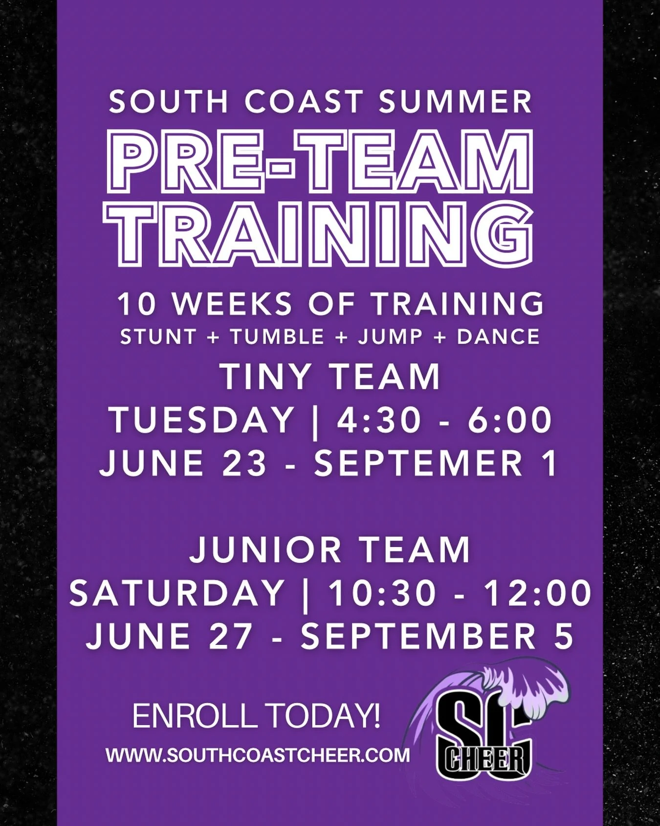Our Summer Pre-Team Training session is now live on the parent portal! This program is perfect for athletes looking for a low-commitment team option or anyone wanting to try cheer for the first time. No experience needed. 

Athletes will work with ou