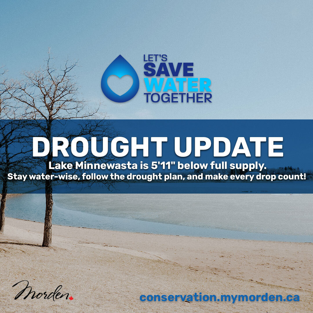 🌊City of Morden Remains in Moderate Drought Stage 💦

Our lake level is currently 5 feet 11 inches below full supply. While Environment Canada's forecast predicts normal precipitation in the coming months in Southern Manitoba, it's important to note