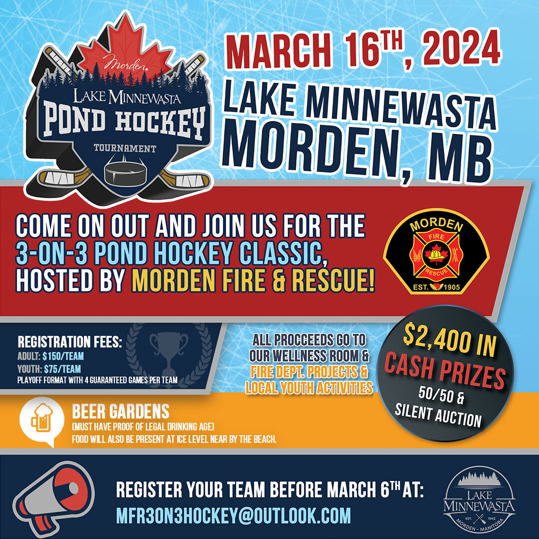 📣🏒 Get ready, mark your calendars, and share the news! The highly anticipated @minnewasta_3on3 Pond Hockey Tournament by @mordenfirerescue is making a comeback on Saturday, March 16th, 2024, at @lakeminnewasta!

🔥 Join us for an action-packed day 