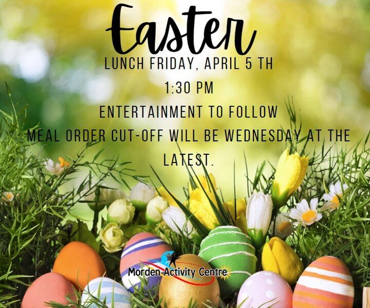 Friendly Reminder: Tomorrow, April 5th, is the Easter lunch celebration at the @mordenactivitycentre where you can meet with our city council at 10 AM! 🐰

Come for a chat and stay for lunch!

#EasterLunch #MordenFriendshipActivityCentre #CommunityEn