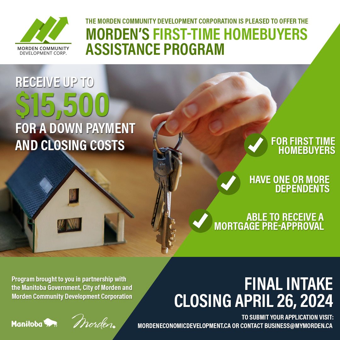 🏡 Attention Morden residents! 🏡

Dreaming of owning your first home? 🌟 Let's make it a reality with Morden's First-Time Homebuyers Assistance Program! Thanks to our partnership with the Manitoba Government, the City of Morden, and the Morden Commu