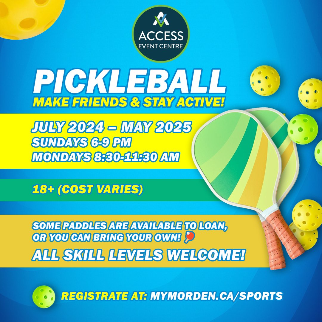 18+ Pickleball &ndash; 2024/25 Season 🥒🏓
Our Pickleball Season for adults is here:

🗓 Sunday Evenings: 6-9 PM
🌅 Monday Mornings: 8:30-11:30 AM
📅 July 2024 - May 2025

Costs vary, and we&rsquo;ve got some paddles available to loan, or feel free t