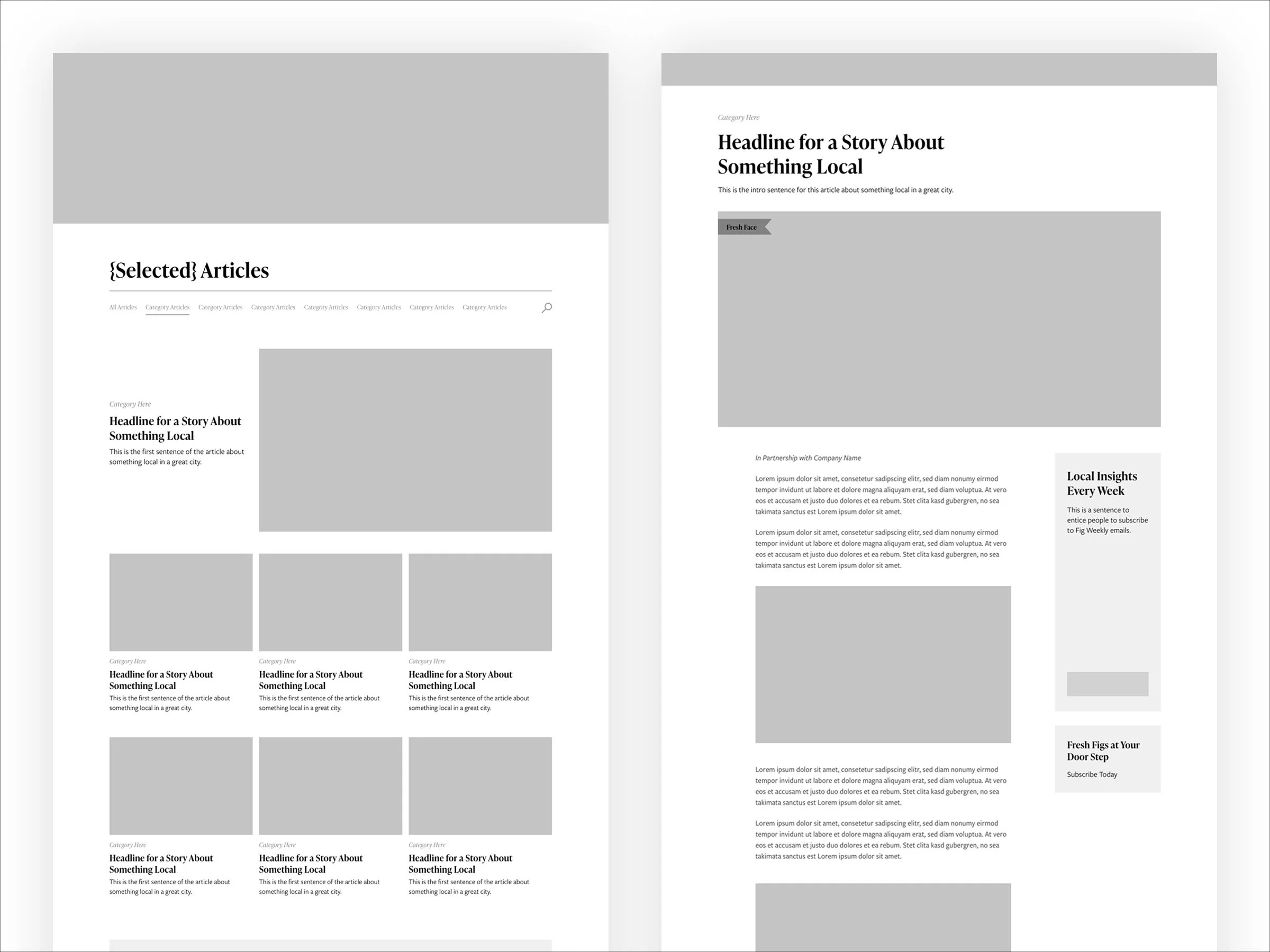   Wireframe variations of core page types built using design system components  