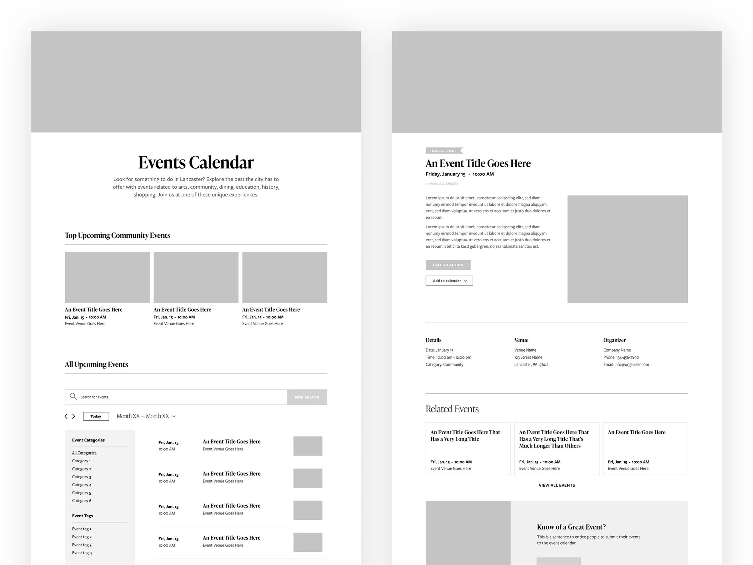   Wireframe variations of core page types built using design system components  