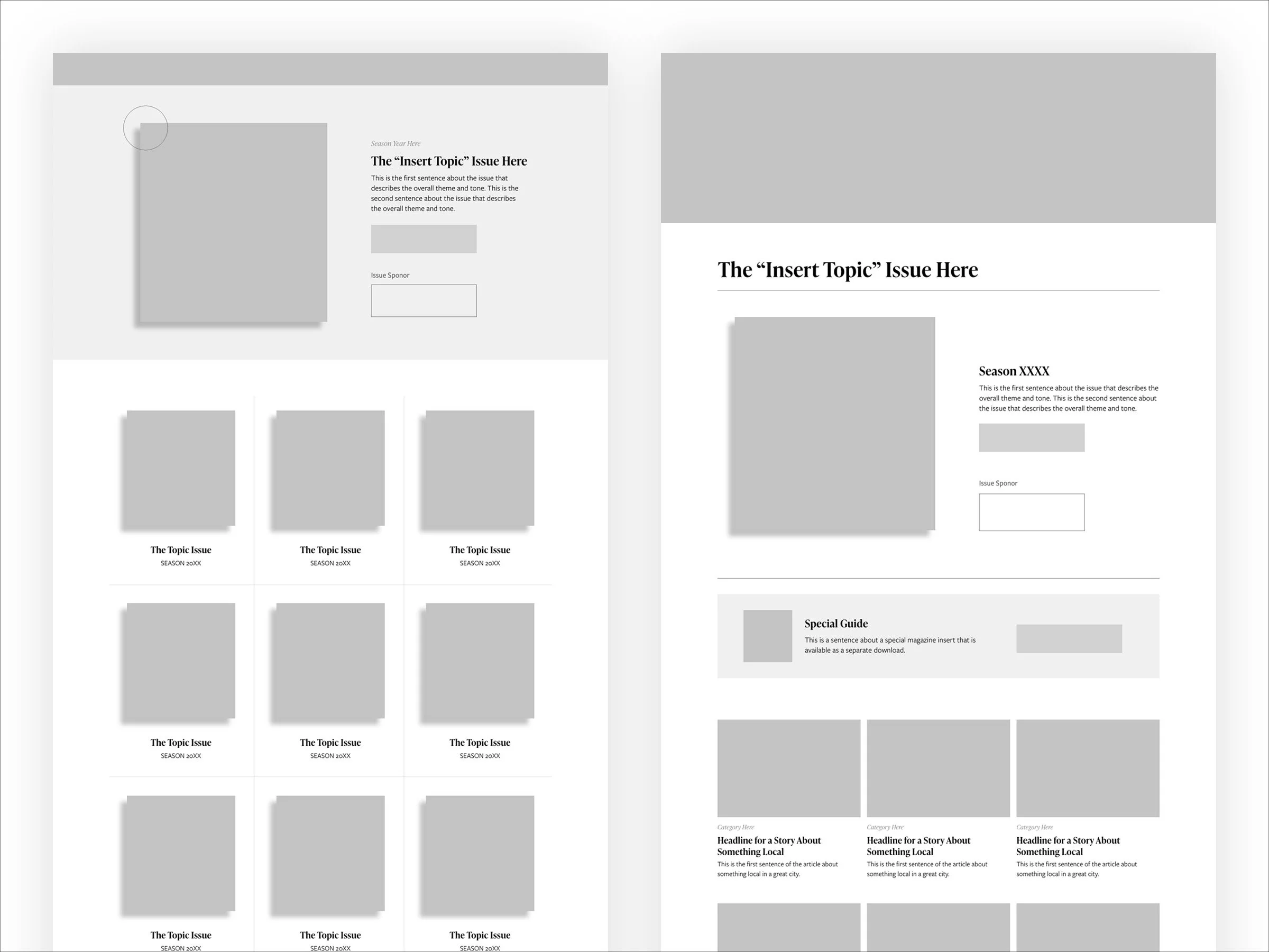   Wireframe variations of core page types built using design system components  