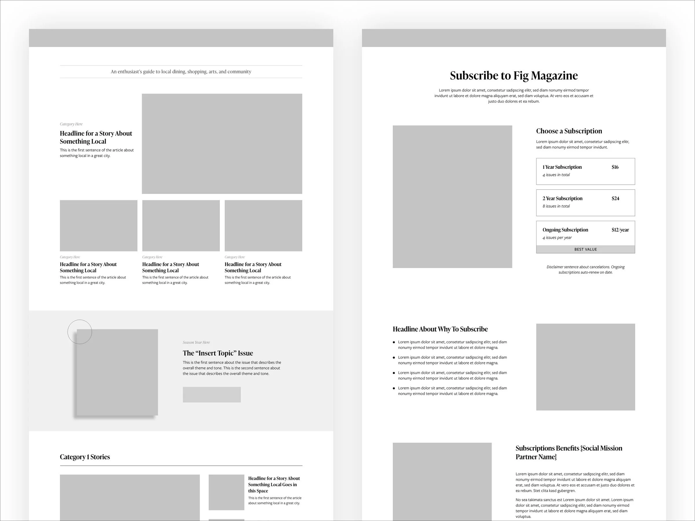   Wireframe variations of core page types built using design system components  