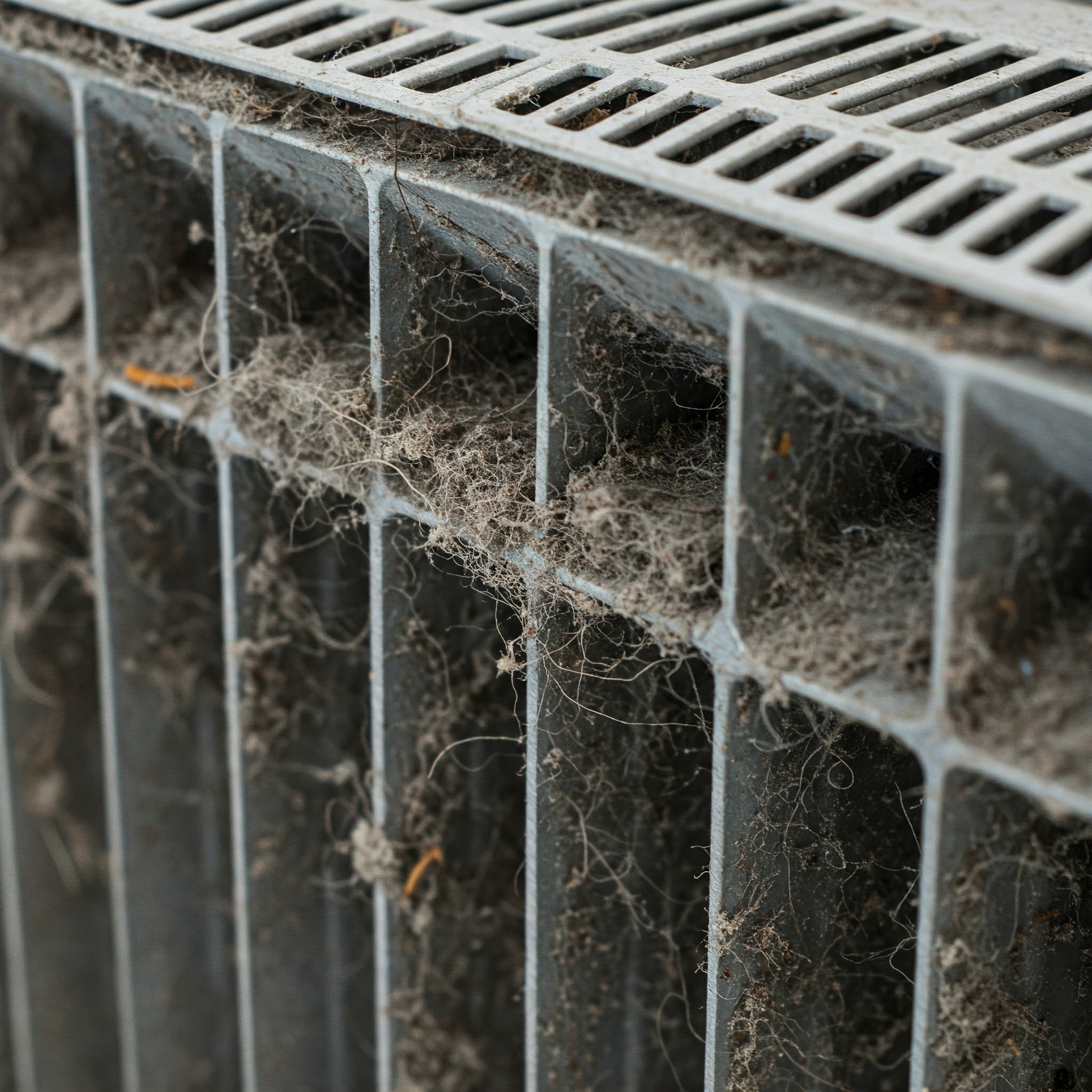 Close-up of a metal grate with spider webs and dust entangled in it.