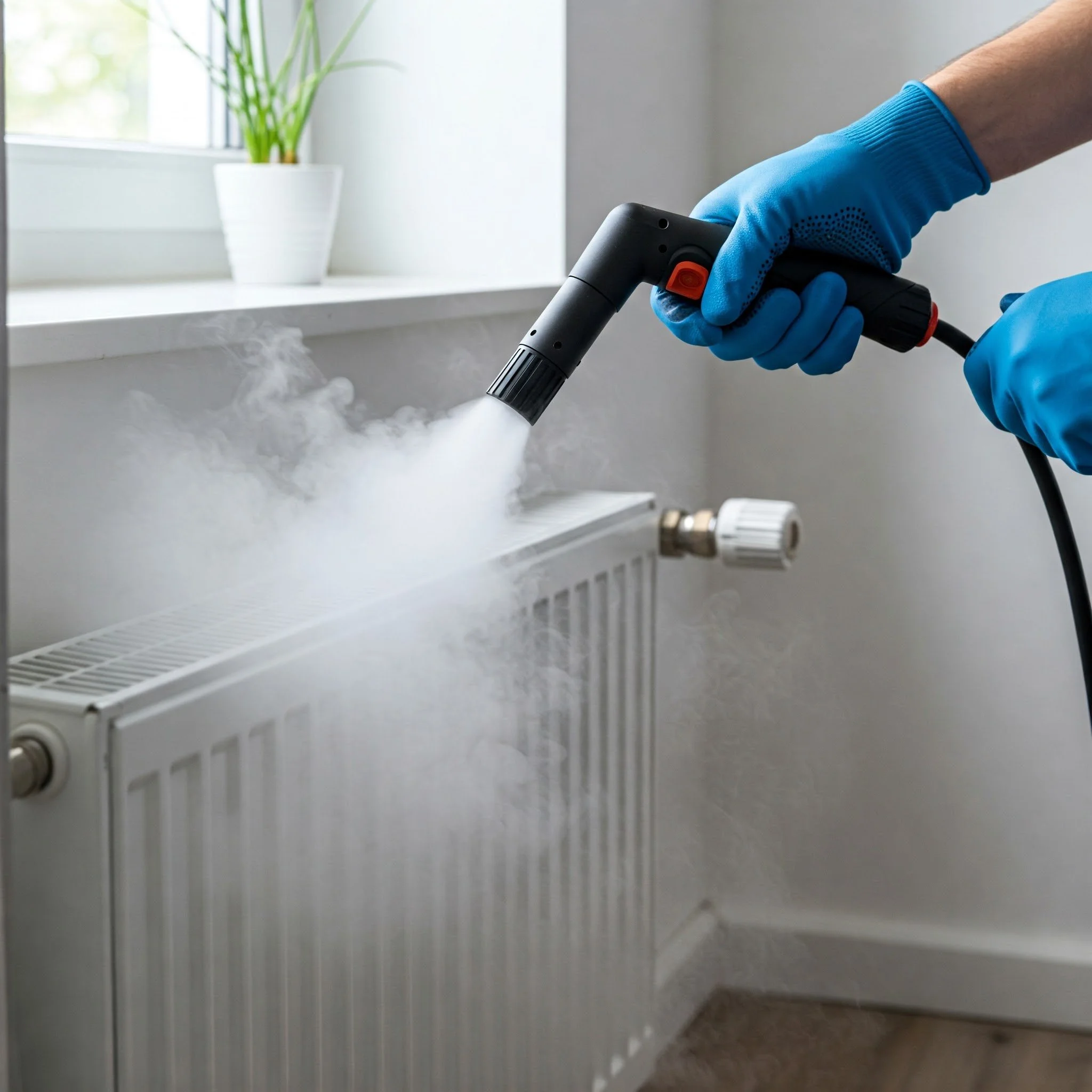 Person wearing blue gloves using a steam cleaner on a radiator cleaning job in Glasgow