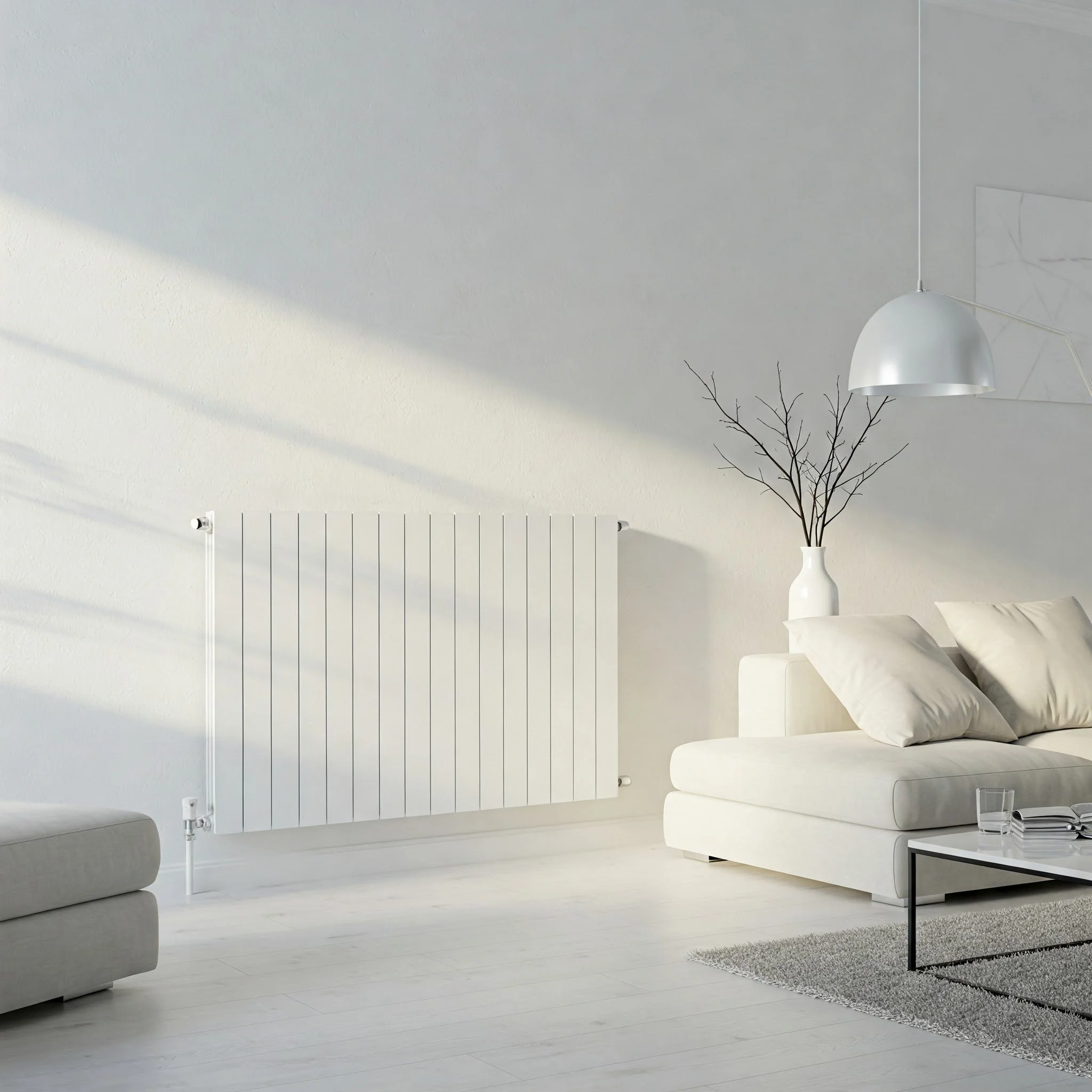 Minimalist living room with white walls, a white sofa with beige pillows, a side table with a glass and books, a white vase with twigs, a modern white ceiling lamp, and a textured area rug.