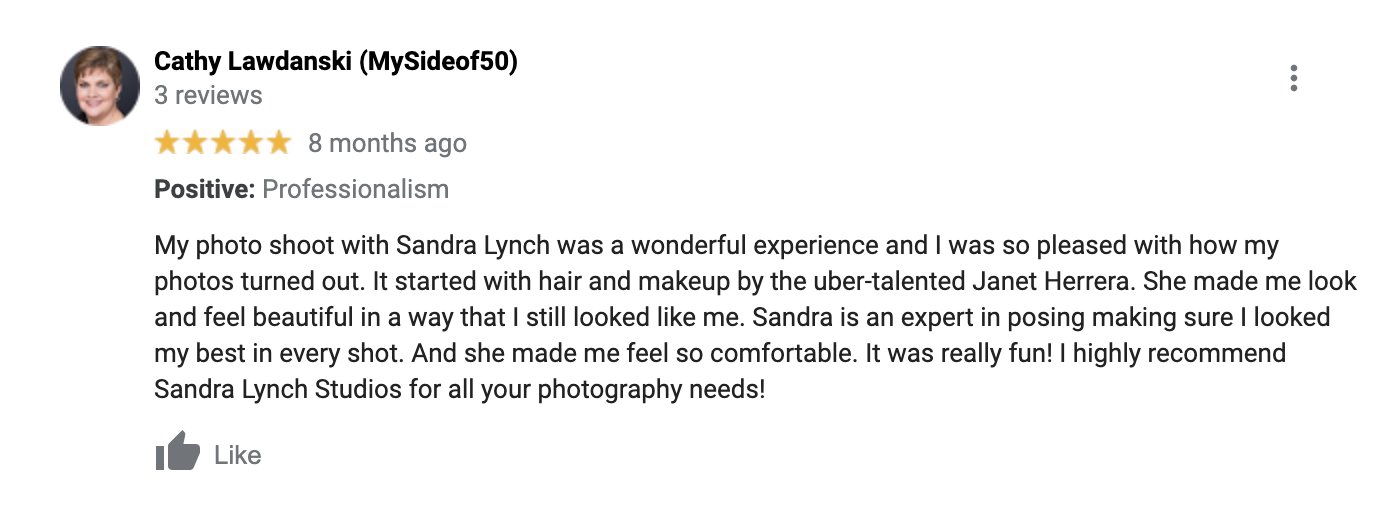 Screenshot of google review about the boudoir photography experience with Sandra Lynch Studios