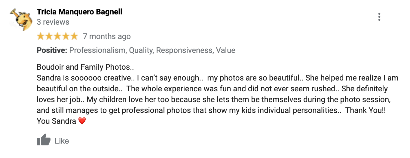 Screenshot of google review about the boudoir photography experience with Sandra Lynch Studios