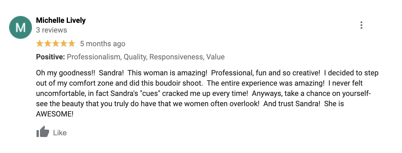 Screenshot of google review about the boudoir photography experience with Sandra Lynch Studios