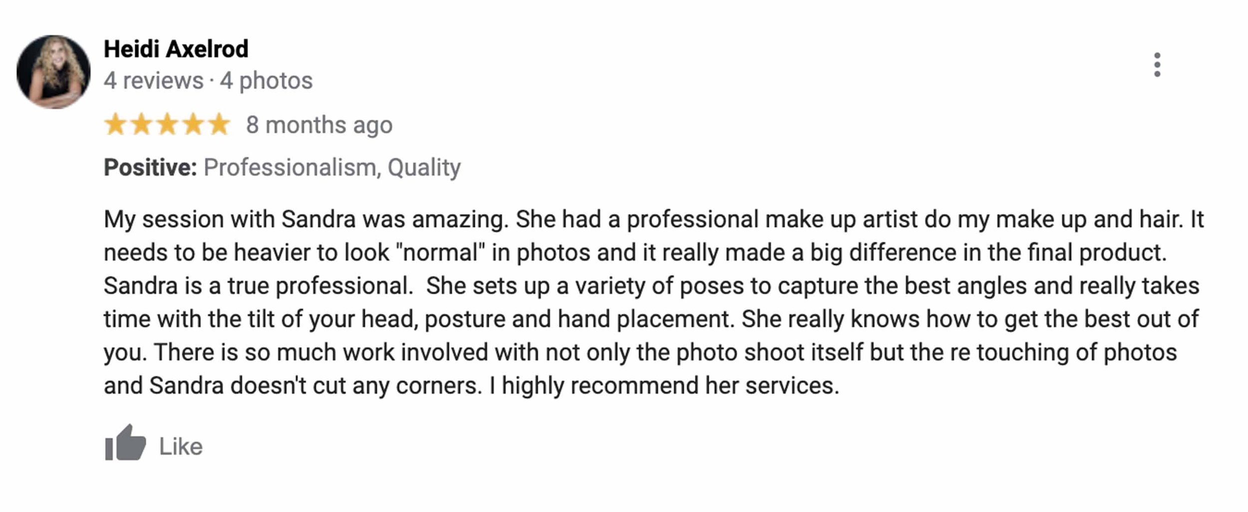 Screenshot of google review about the boudoir photography experience with Sandra Lynch Studios